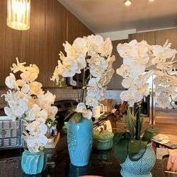 Stunning Imported Faux White Orchids in Turquoise Vases