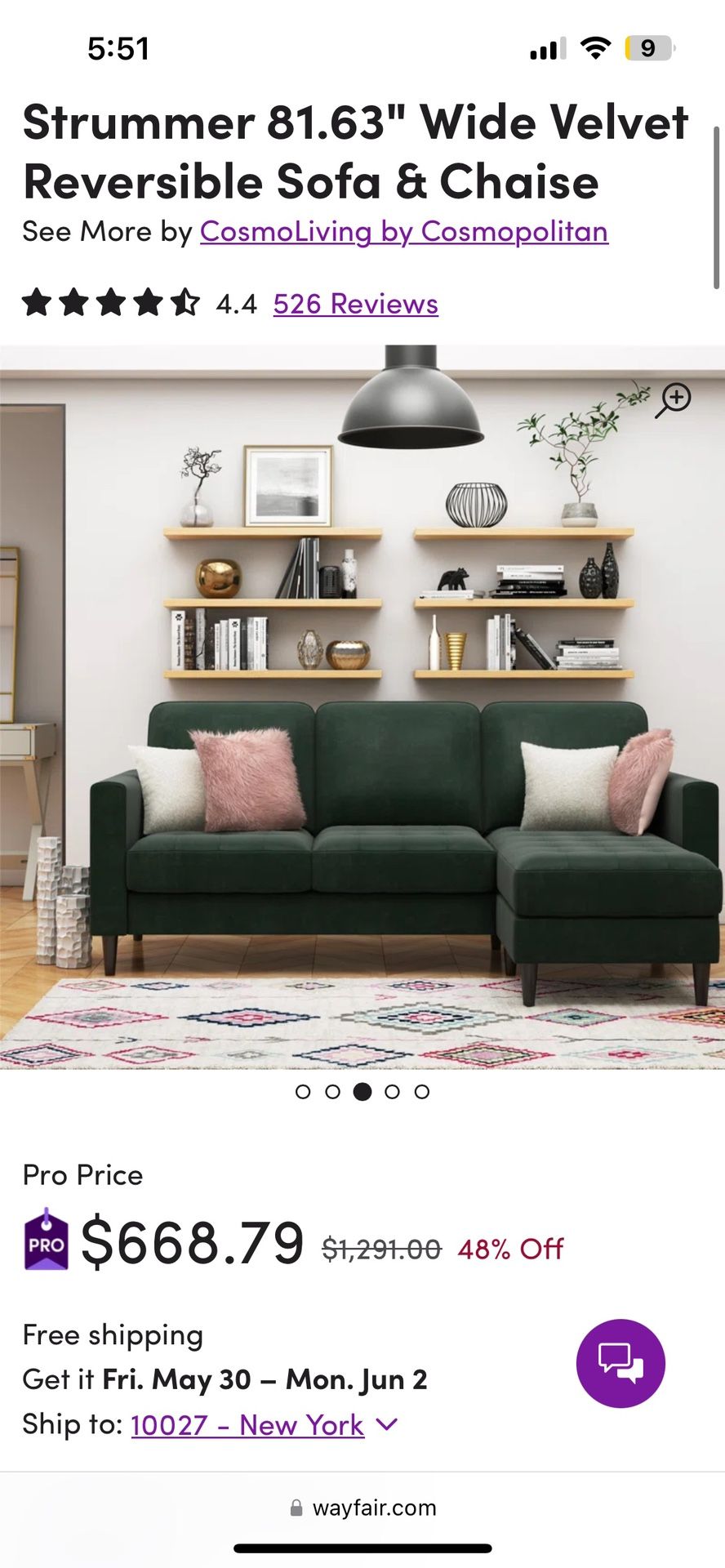 Green Velvet Sofa 81.63 Wide