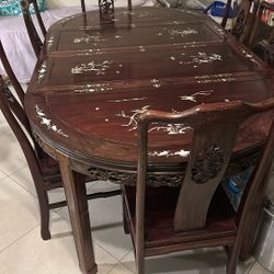 Chinese Rosewood Dining Set w/ Mother-of-Pearl Inlay Table + 7 Chairs