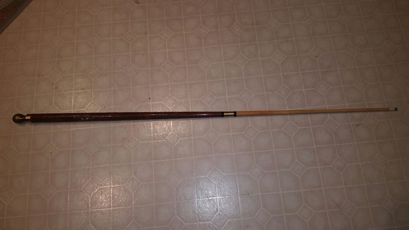 Vintage Concealed Pool Cue Walking Cane Stick Carved Dragon Brass Billiards