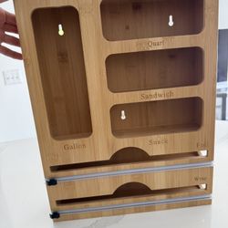 Storage Bag Organizer with Foil and Plastic Wrap Organizer , Aluminum Foil Dispenser with Cutter, Bamboo 6 in 1 Baggie Organizer for Gallon, Was $40