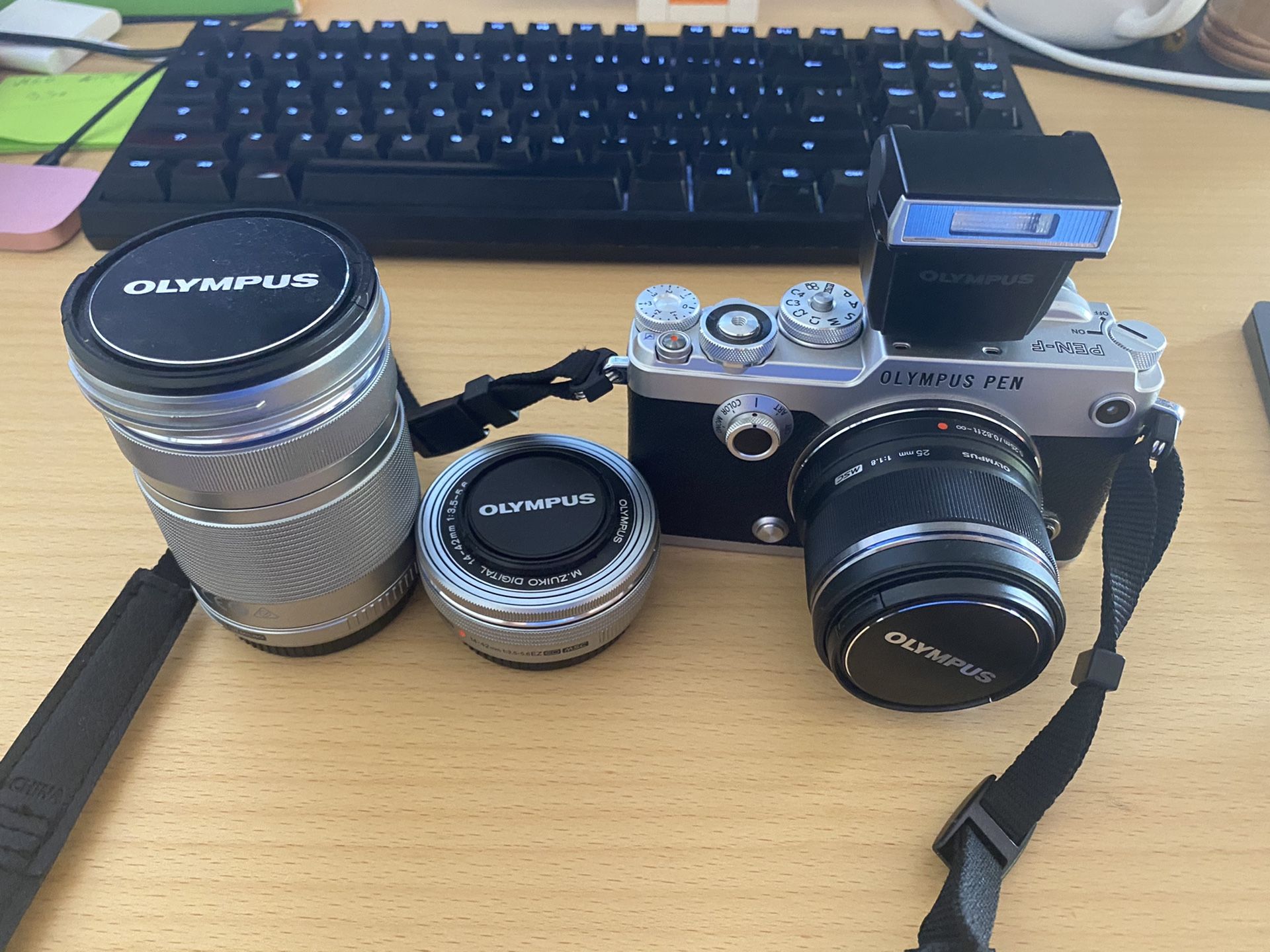 [SCV] Olympus PEN-F with flash + 25mm 14-42mm and 40-15mm lenses $700