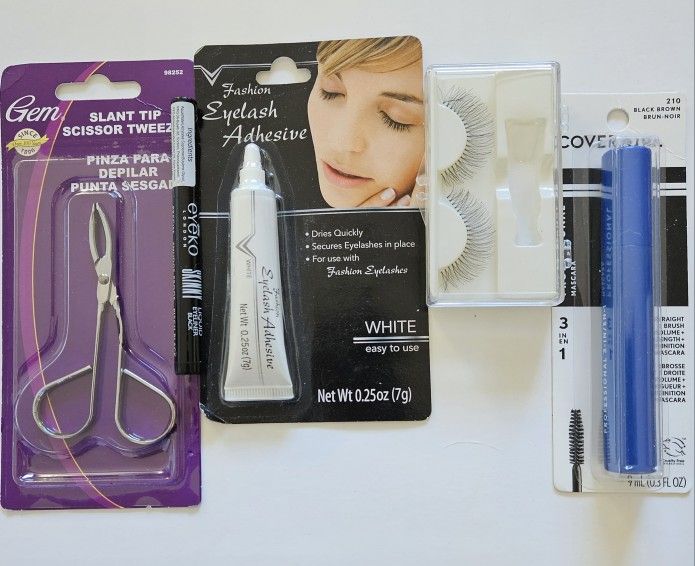 Eye bundle of 5 items: Eyelashes, adhesive, mascara, tweezers, eyeliner.  NWT.