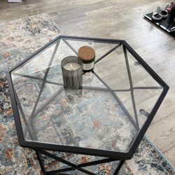 Hexagon Glass Coffee Table with Black Metal Frame