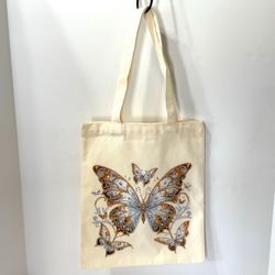 Blinged “Butterflies” Scene Canvas Tote Bag Handcrafted 13” x 11” NWT