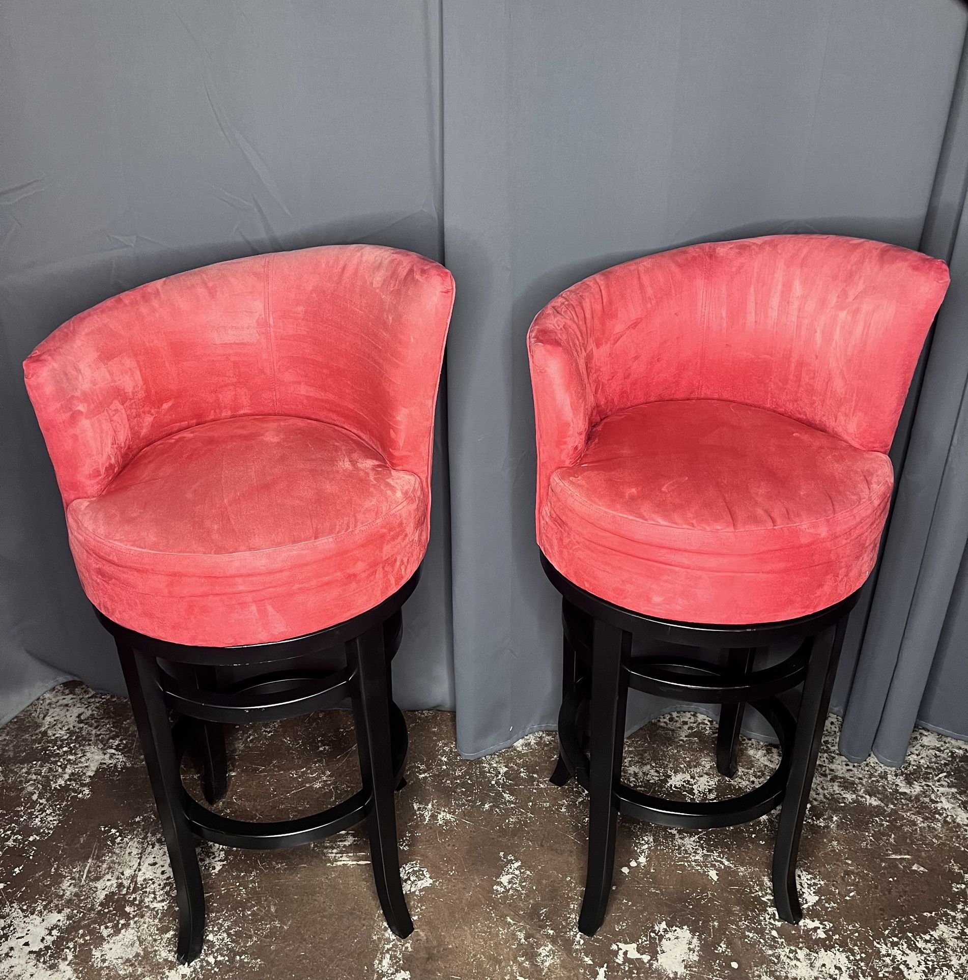 Pair of Refurbished Red Upholstered Curved-Back Swivel Bar Stools.