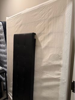 Queen bed, Sealy mattress, box spring, frame & leather headboard