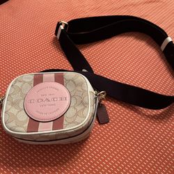 Coach Mini Dempsey Camera Bag Signature Canvas Leather White Pink