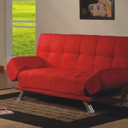 Red Velvet Futon Sofa W/ Adjustable Arms