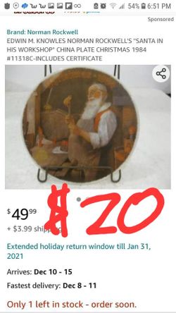 New in box! 1984 collectable Christmas china plate! EDWIN M. KNOWLES NORMAN ROCKWELL'S "SANTA IN HIS WORKSHOP" CHINA PLATE CHRISTMAS 1984 #11318C-INCL