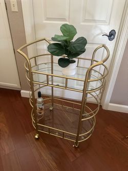 Gold Glass Bar Cart | Rolling Beverage Cart 2 Tier w/ Wine Bottle Holder
