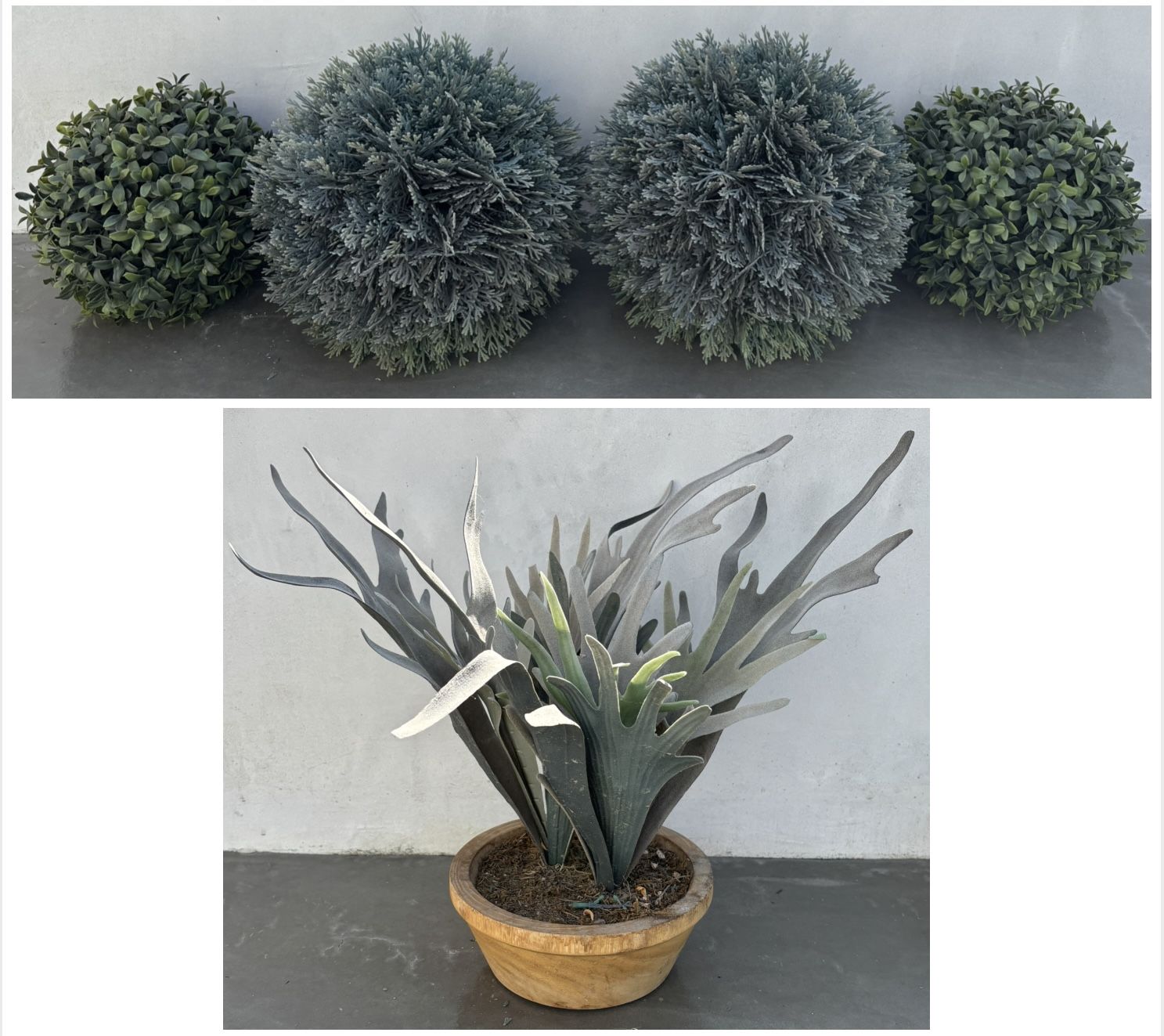 lot of 5 artificial / faux topiary balls and plants