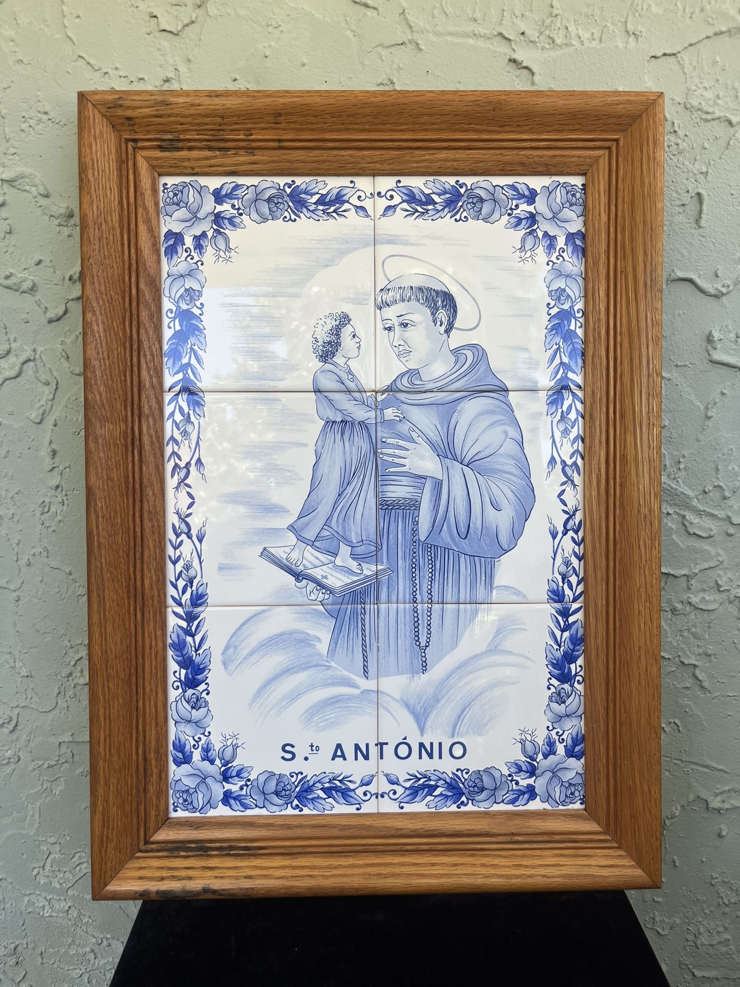 Vtg Portugal St Anthony & Baby Jesus White/Blue Tile Framed Art Wall
