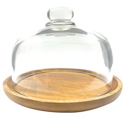 Ikerall 8 Inch Wooden Base Cake Display Stand With Glass Dome,Cloche Clear Glass Bell Jar Cover For Dessert Cheese Candy Plants Succulents