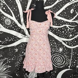 Sweet Pot Floral Pink Mini Dress with Bow Straps Sz8