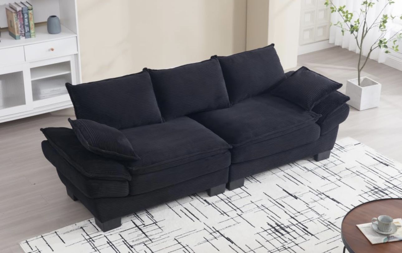 Modern Sailboat Sofa Corduroy 3-Seater Sofa with Two Pillows for Small Spaces in Living Rooms, Apartments Black