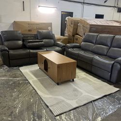 2 PCS Comfortable Fabric Power Reclining Sofa with Drop Down Table, USB Button, and Wireless Charger - Gray  $1100 brand new in box