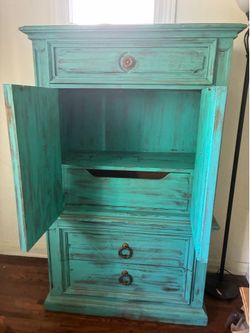 Turquoise Distressed Wood Armoire Cabinet