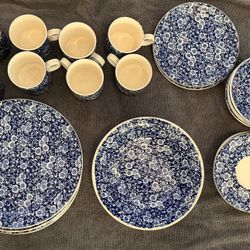 Vintage Ironstone Blue Calico Dish Set – 26 Piece Blue & White Dinnerware (Japan)
