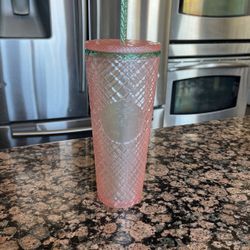 Starbucks 2023 Summer Venti 24oz Pink Pearl Jeweled With Green Accent Tumbler