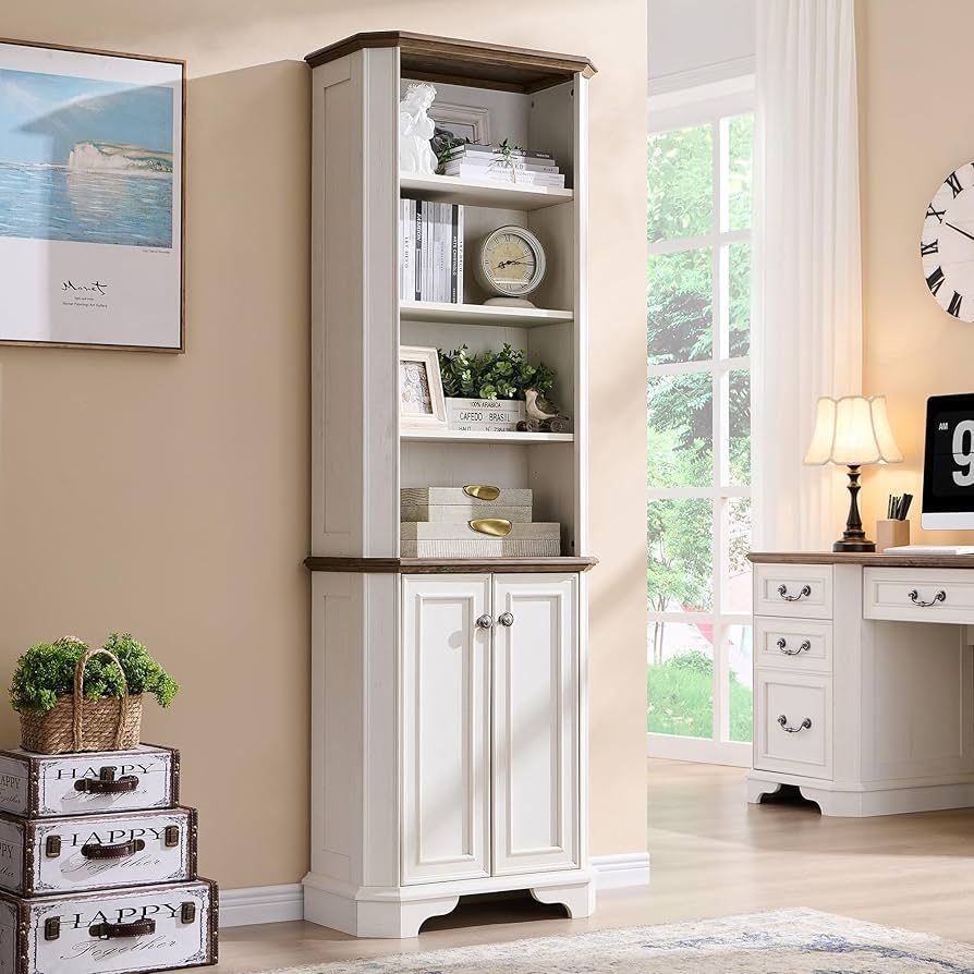 6-Tier Bookcase with Doors, 72" Tall Farmhouse Bookshelf with Storage & Adjustable Shelves, Wooden Floor Standing Display Book Shelf Organiz