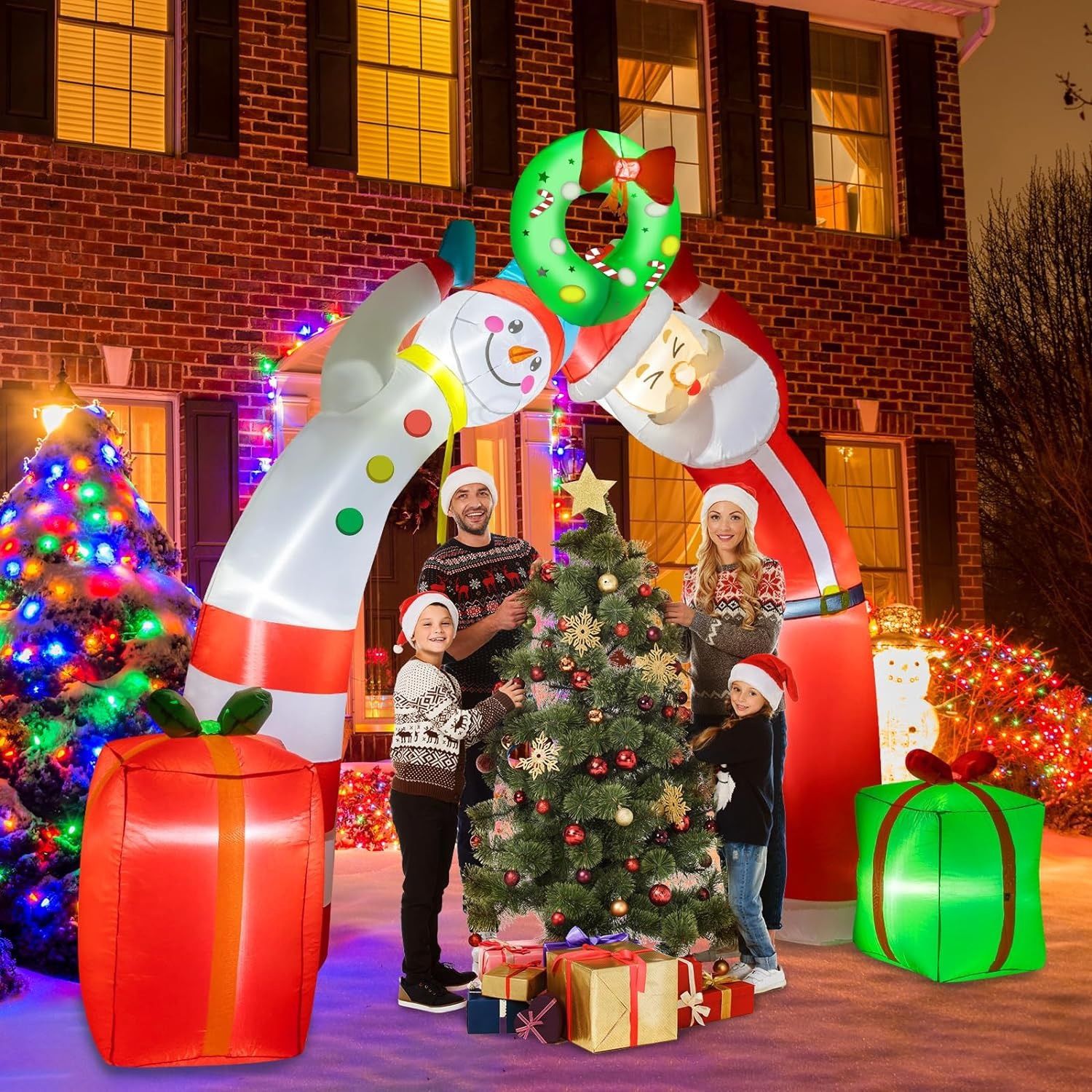Christmas Inflatables Archway Outdoor Decorations, 8 FT Snowman Santa Claus Decorations Bright LED Lights Holiday Party Garden Lawn Patio Gifts
