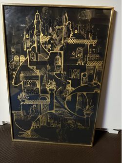 Vintage Shohar Printhouse Framed poster printed in Israel during the 1970s or 1980s featuring gold ink on black paper.Artwork Style: The piece feature