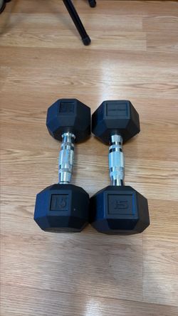 Pair of 15 lb Rubber Hex Dumbbells