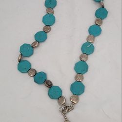 Long Turquoise And Silver Color Beaded Necklace