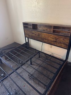 Metal Bed Frame with Rustic Wood Headboard
