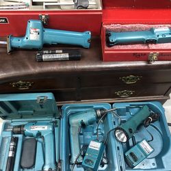 Vintage MAKITA tools  right angle/ driver drills - reciprocating saw- flashlight