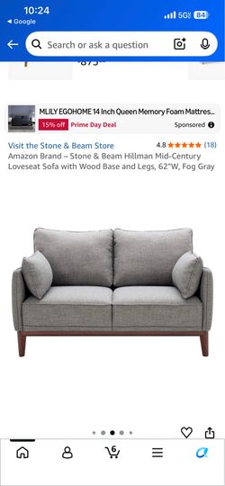 Stone & Beam Hillman Mid-Century Loveseat Sofa with Wood Base and Legs, 62"W, Fog Gray.