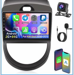 2+64G Android 14 Double Din Car Stereo For Kia Soul 2010-2013 With 9 Inch Touchscreen, Wireless Carplay/Android Auto, GPS, Bluetooth, FM/AUX-In, Steer