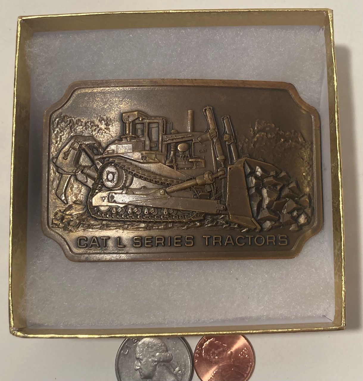 Vintage 1982 Metal Belt Buckle, Brass, Caterpillar, CAT L Series Tractor, AG, Heavy Equipment, Nice Western Design, 3 1/4" x 2 1/4", Heavy Duty, Quali