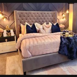 New Gray Velvet Like Fabric Solid Wood Queen Size Mirabelle Bed🔥 Fastest Delivery 🚚 