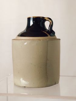 Antique Stoneware Whiskey Jug Two Tone Brown Salt Glazed