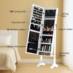 Full-Length Mirror Jewelry Cabinet with LED – Premium Standing Lockable Armoire