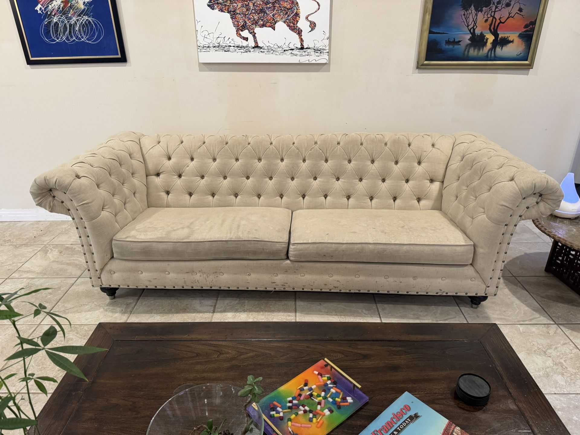 Ethan Allan Chesterfield tufted beige sofa