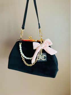 Juicy Couture Liquorice Black Velvet Frame Bag with Pink Bow  & Pearl Chain/ New