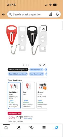 Portable Door Lock 2-Pack Red and Black