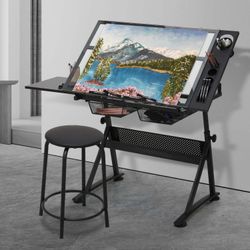 V25 $120  Drafting Table - 53" Crystal desktop with frame, 2 mesh drawers, with black stool