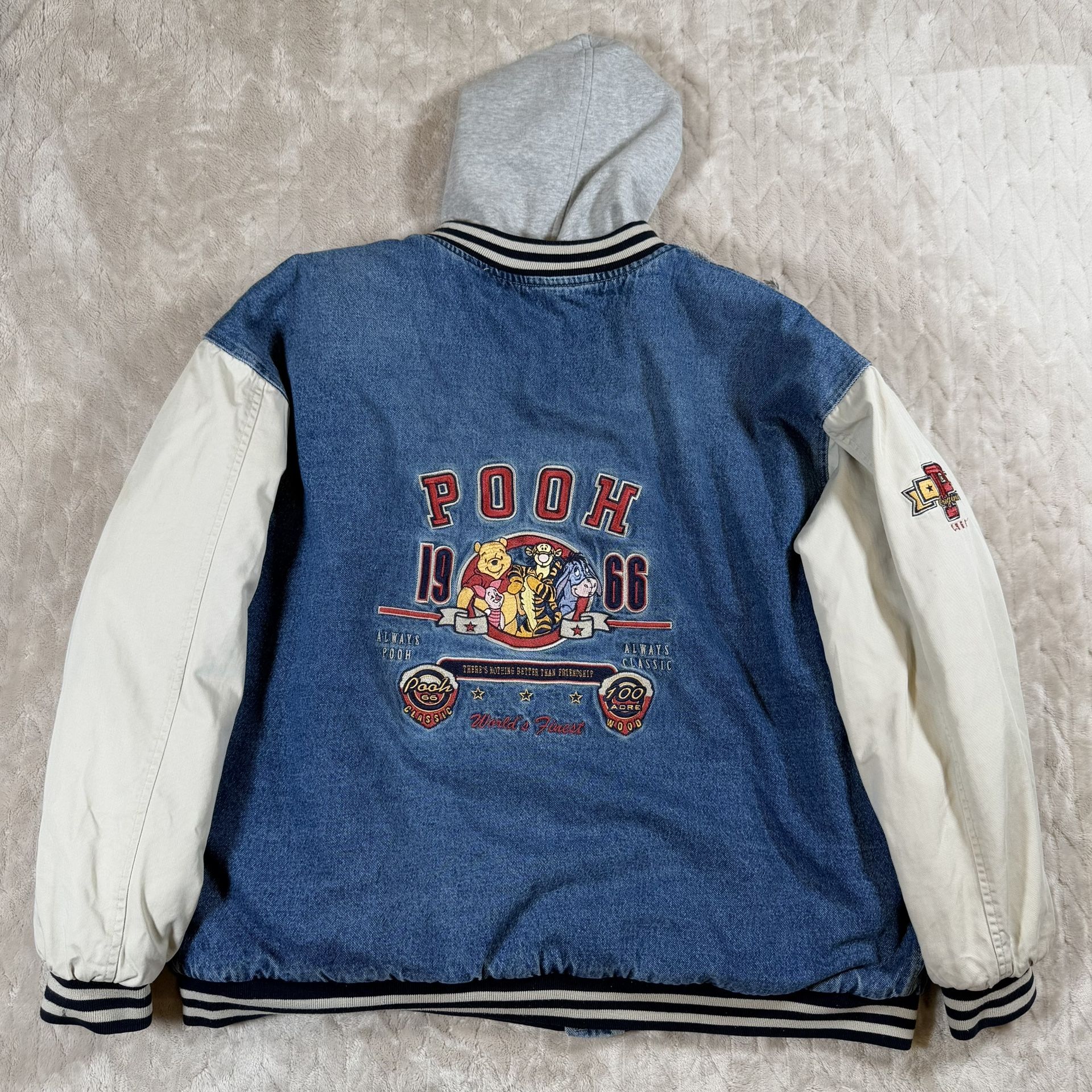 Vintage 90s Winnie The Pooh Disney Denim Varsity Bomber Jacket XXL