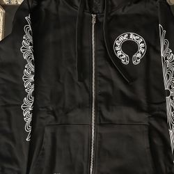 Chrome Hearts Men's Horseshoe Floral Cross-Sleeve Zip Up Hoodie