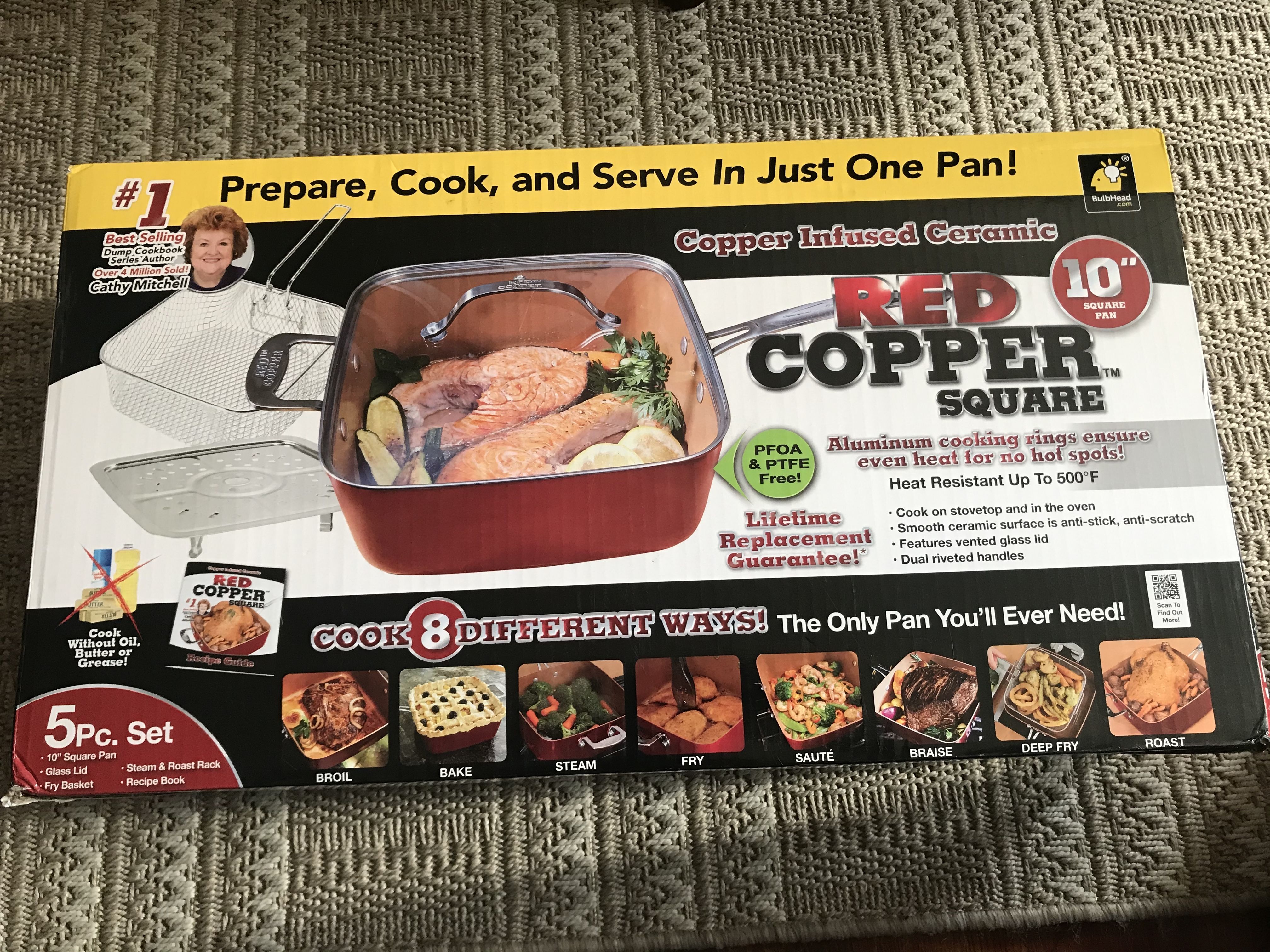 Red Copper Square Pan 5 Piece Set by BulbHead, 10-Inch Pan, Glass Lid, Fry Basket