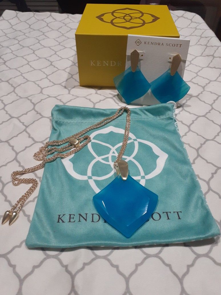Kendra Scott Aislinn Teal Agate Gold Long Necklace and Earrings