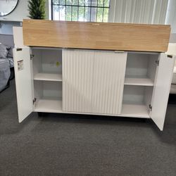 New Wooden Farmhouse Kitchen Island w/ Drop Leaf Countertop & Wheels Portable Rolling Island 