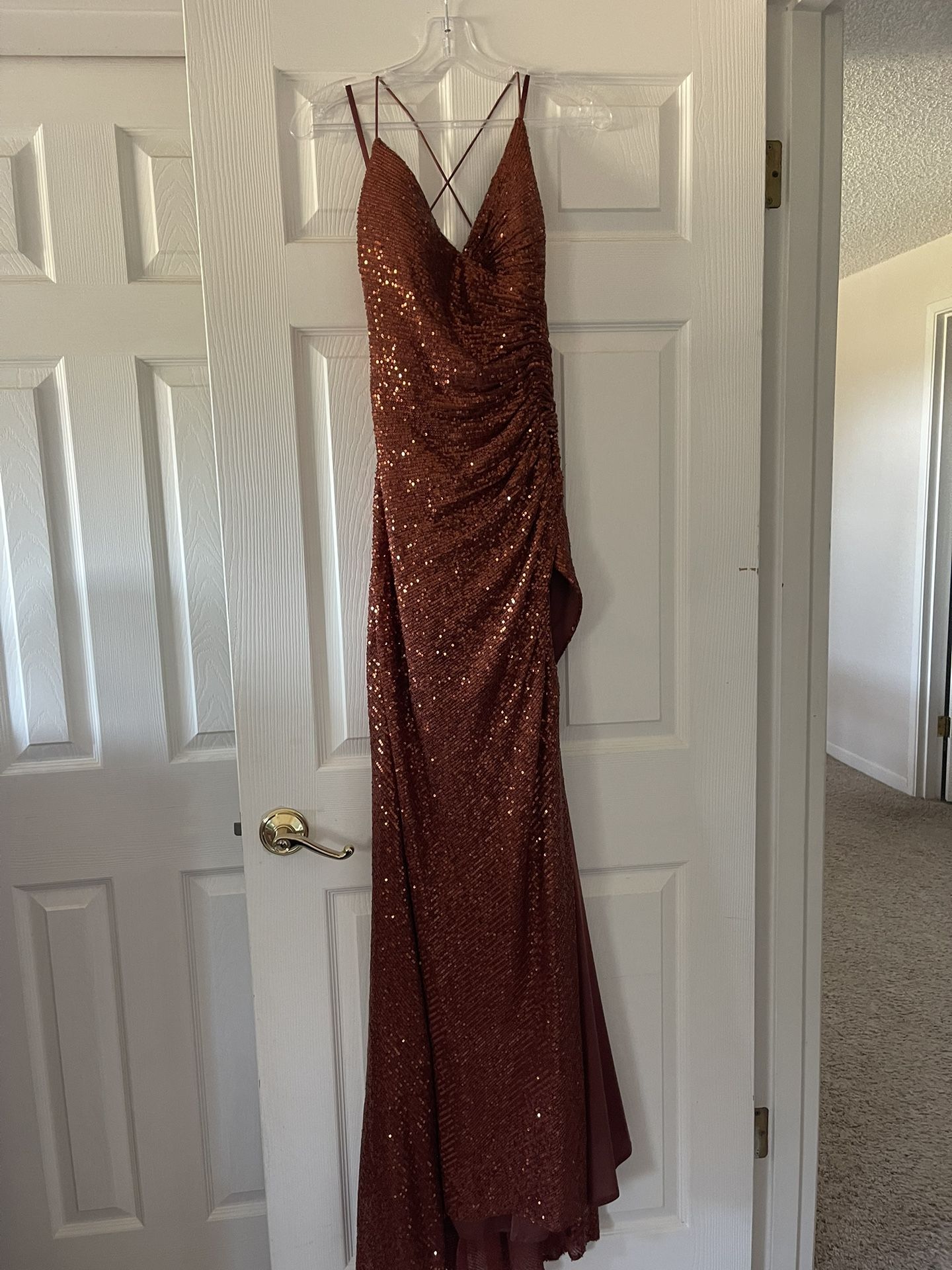 Cinderella divine Copper Satin Sequined High Slit Prom Gown, Size Large