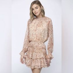 FATE Small Orange Peach Tan Paisley Print Boho Smocked Ruffle Long Sleeve Lined Mini Dress