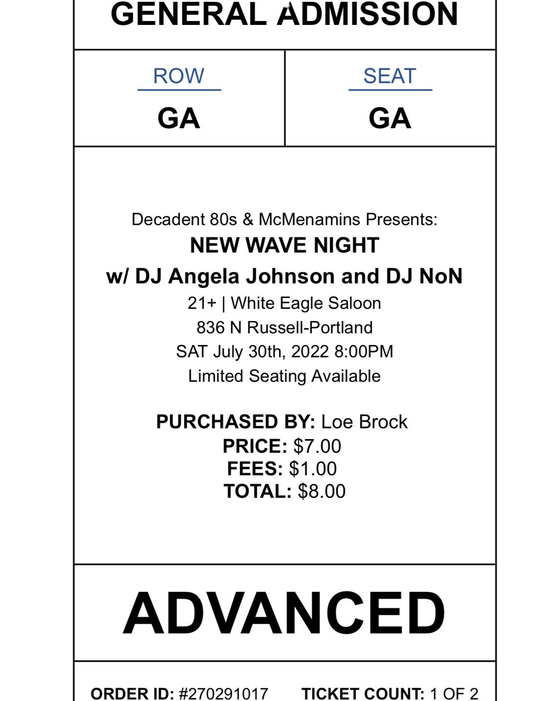 New Wave Night At White Eagle 2 Tickets
