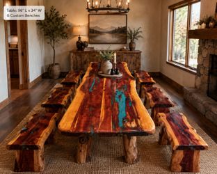 Custom Cedar River Table w/ Matching Benches & Stool